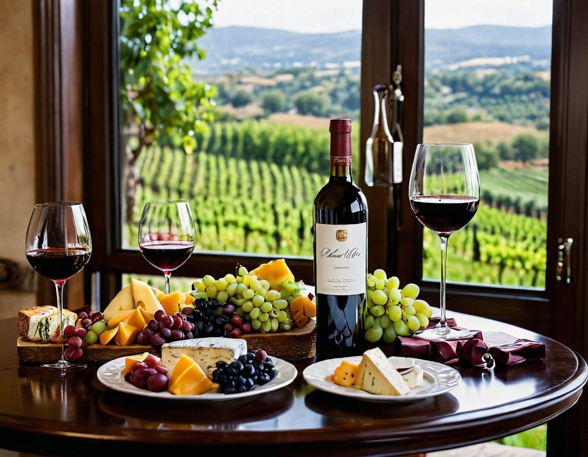 A beautifully styled dining table featuring an elegant wine glass, a rich red wine pouring from a decorative decanter, and a selection of gourmet cheeses and fruits artfully arranged. Soft ambient lighting casts a warm glow over the scene, highlighting luxurious wine accessories like corkscrews and coasters. A backdrop of lush vineyards can be seen through an open window, making it a perfect blend of sophistication and nature. super-realistic. warm colors. elegant setting.