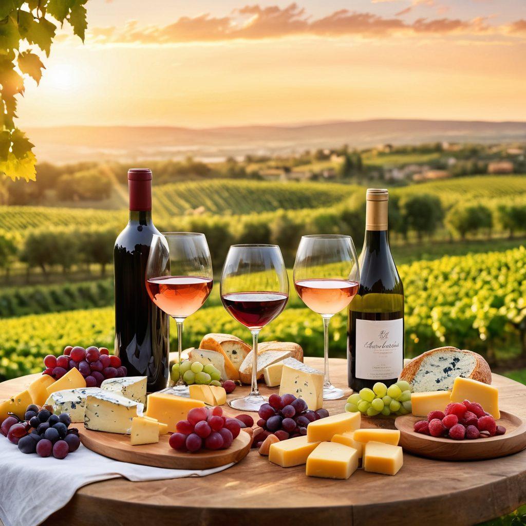 A beautifully arranged wine tasting table featuring a variety of elegant wine glasses filled with different colored wines (red, white, rosé) surrounded by a selection of gourmet cheeses, fruits, and artisanal bread. In the background, lush vineyards stretch into the horizon under a soft sunset glow, creating a warm and inviting atmosphere. The scene should evoke sophistication and exploration, enticing the viewer to learn more about wines. super-realistic. vibrant colors. soft focus.
