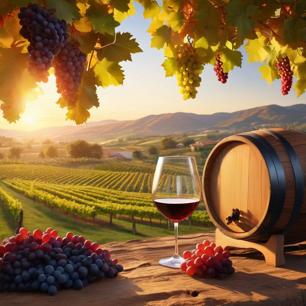A picturesque vineyard landscape at sunset, showcasing grapes ready for harvest, wine barrels lined up, and a glass of red wine in the foreground capturing the golden light. Include different wine regions' flags subtly placed among the vines, creating an atmosphere of global wine heritage. super-realistic. vibrant colors. 3D.